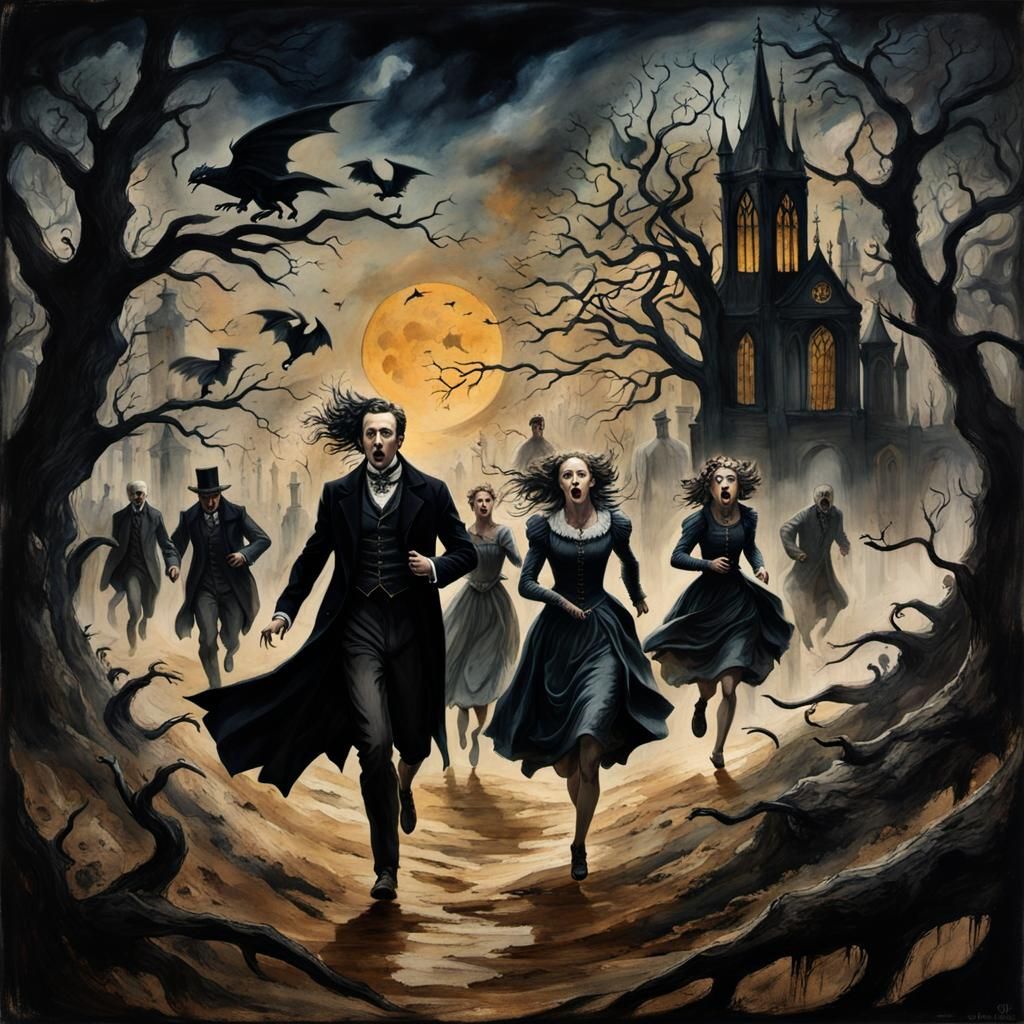 Terrified Victorians Fleeing Demons in Gothic Painting