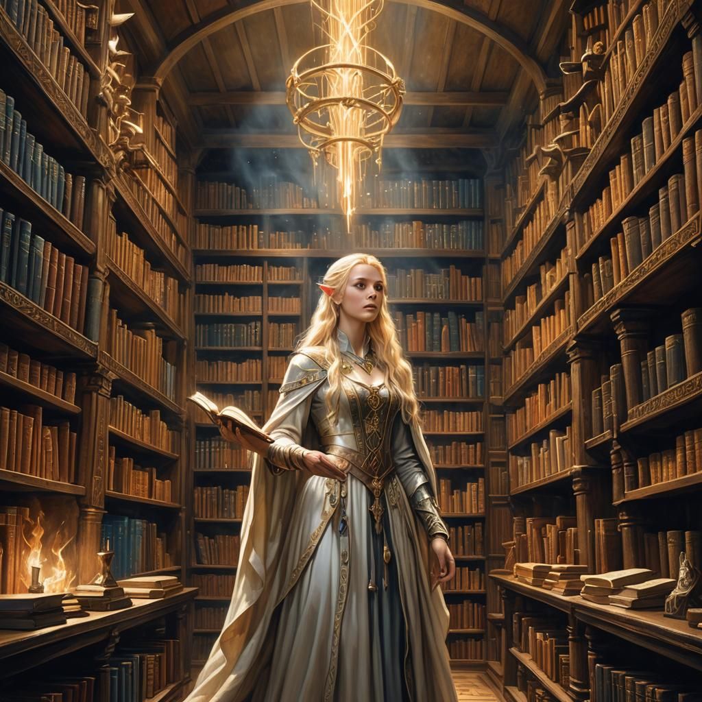 Mystical Half-Elf Wizard in Art Nouveau Library