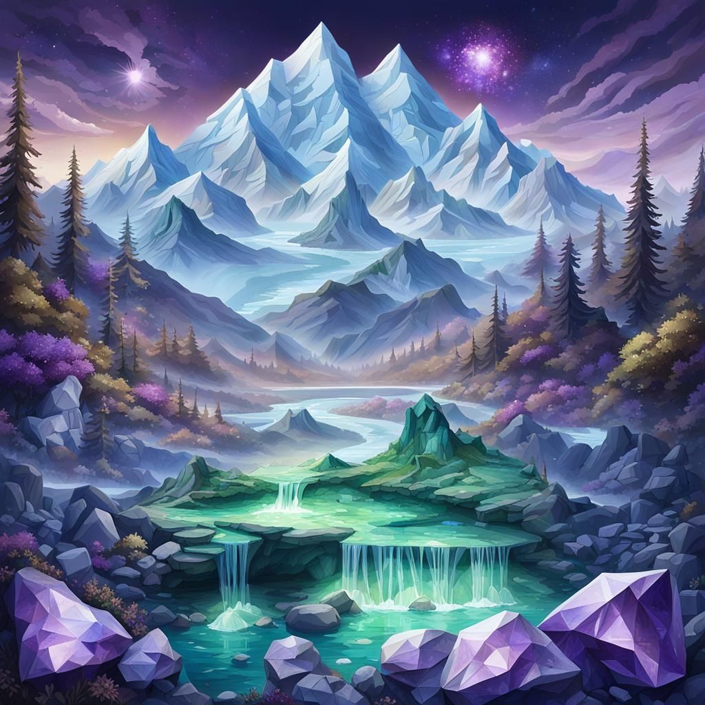 Vibrant Gemstone Mountain Range Illuminated by Sparkling Sap...