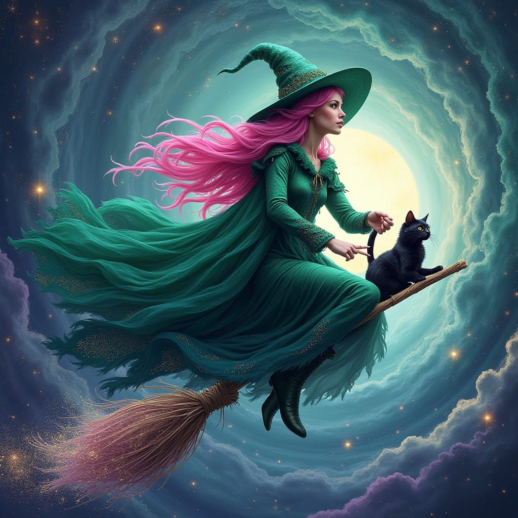 Vibrant Witch Rides Astral Broom with Cat in Cosmic Vortex