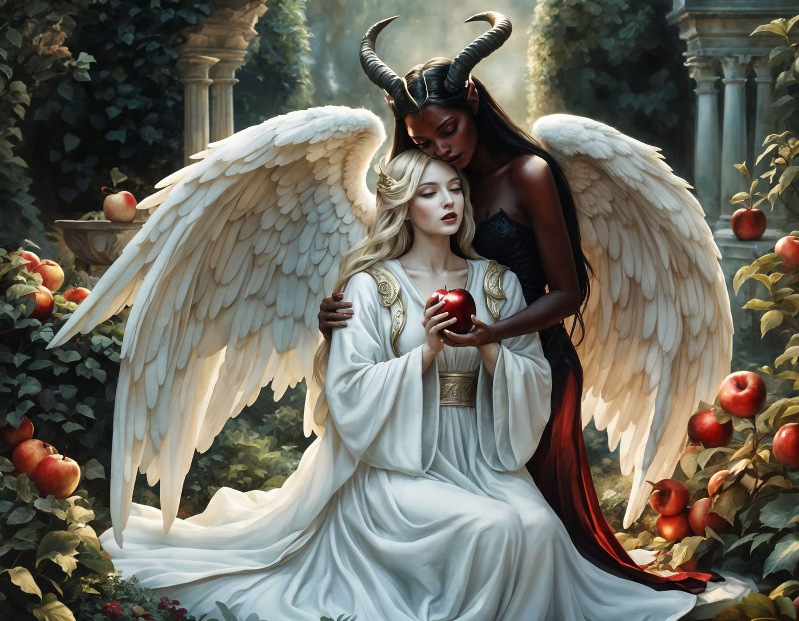 Angel and Demon Embrace in Opulent Garden