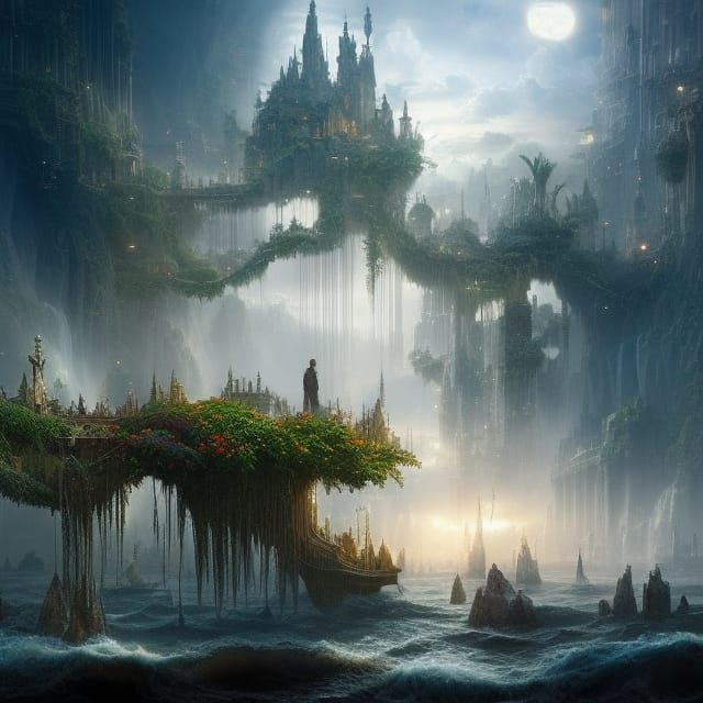 Futuristic City with Floating Gardens in Digital Matte Paint...