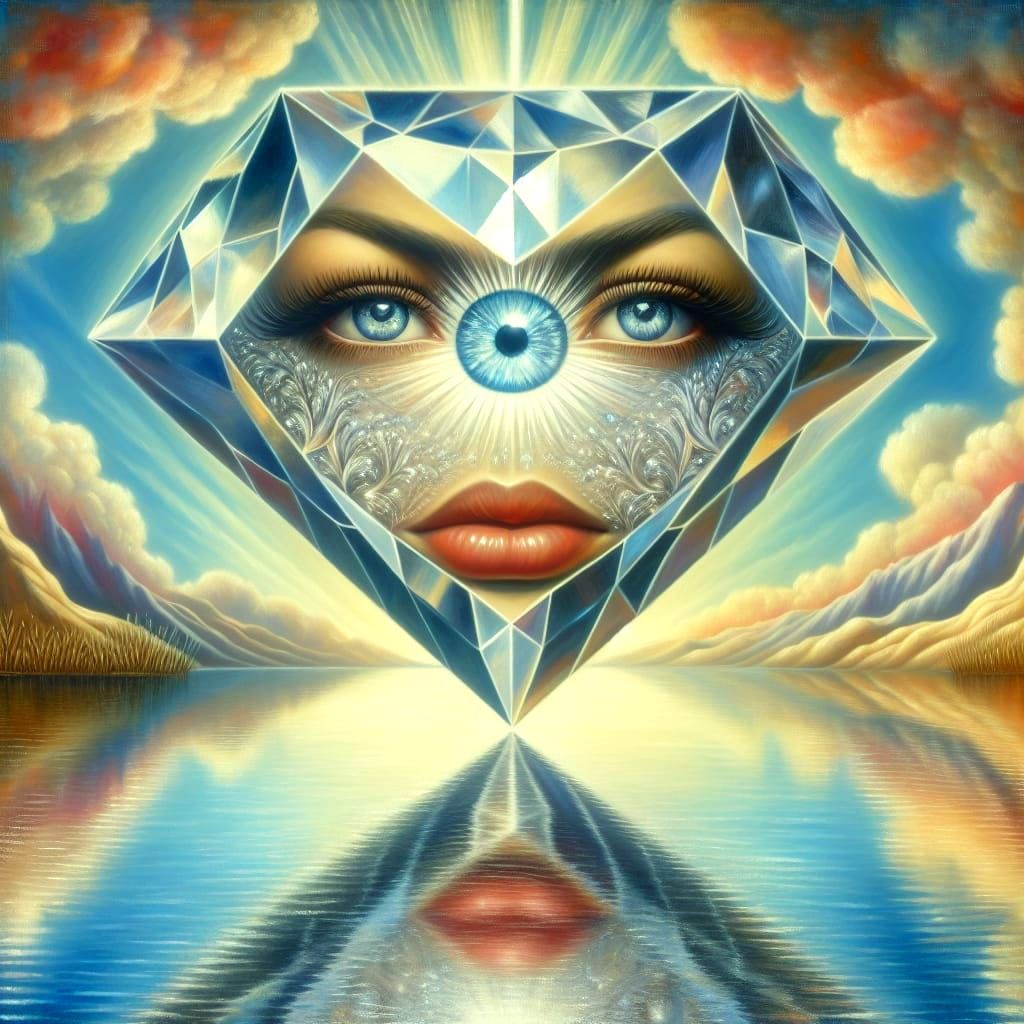 Surreal Gemstone Scene with Floating Diamond