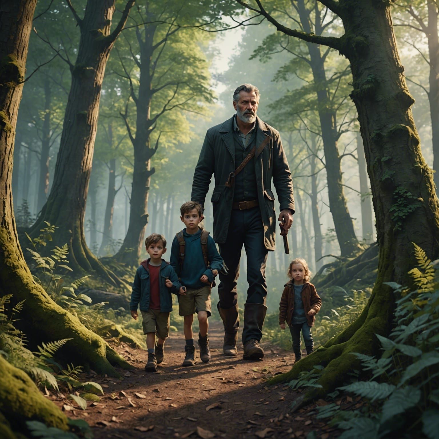 Father and Children in Enchanted Forest: Matte Painting