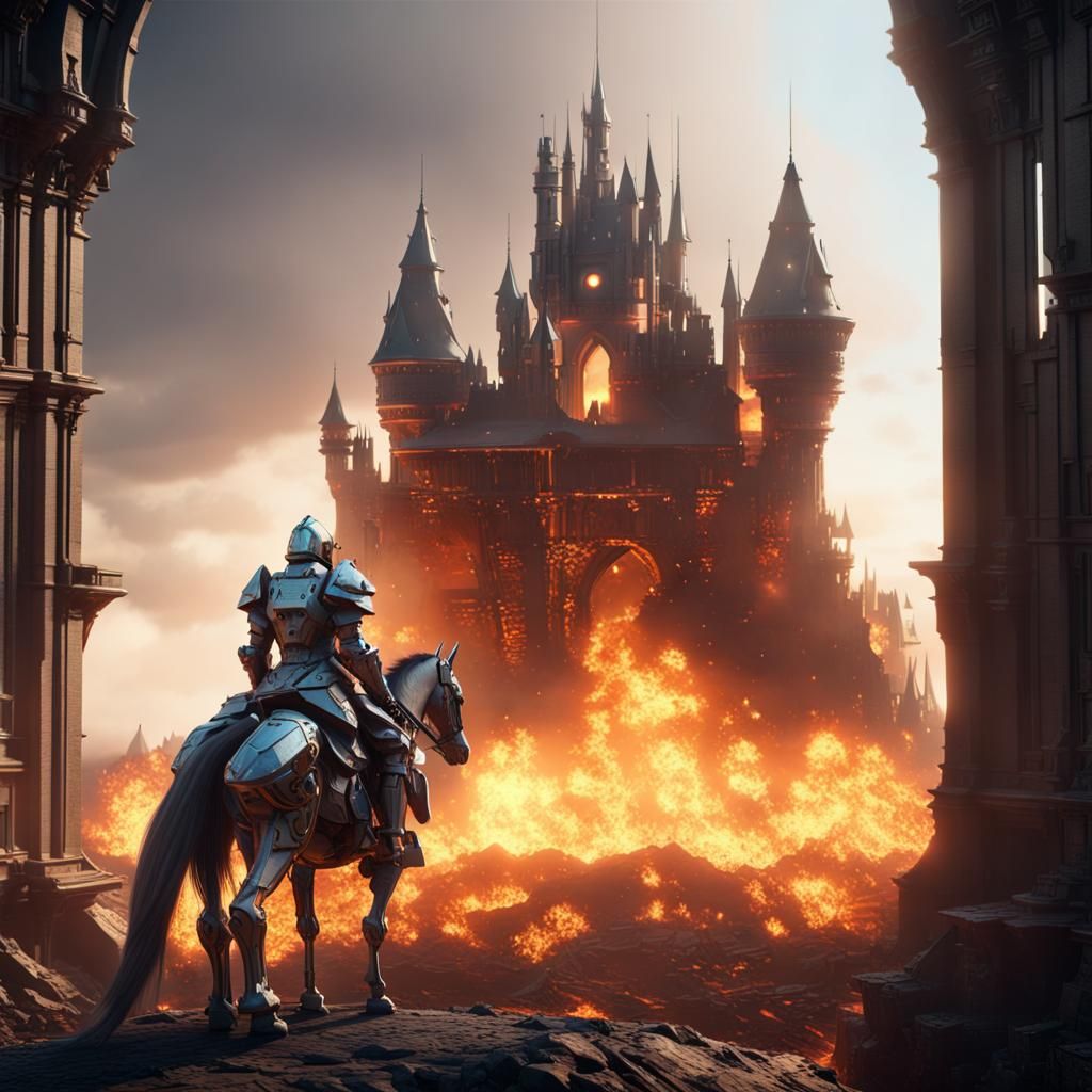 Robot Knight Observes Burning Castle: Sci-Fi Art
