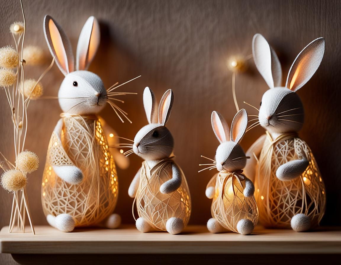 Enchanting String Art: Rabbit Family in Cozy Room