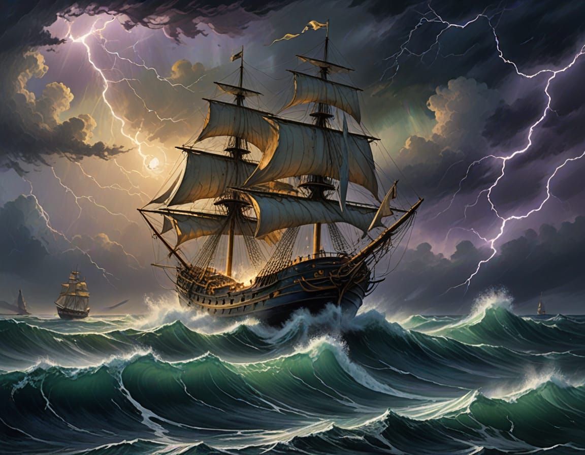 Old Ship Battles Stormy Sea in Painterly Style