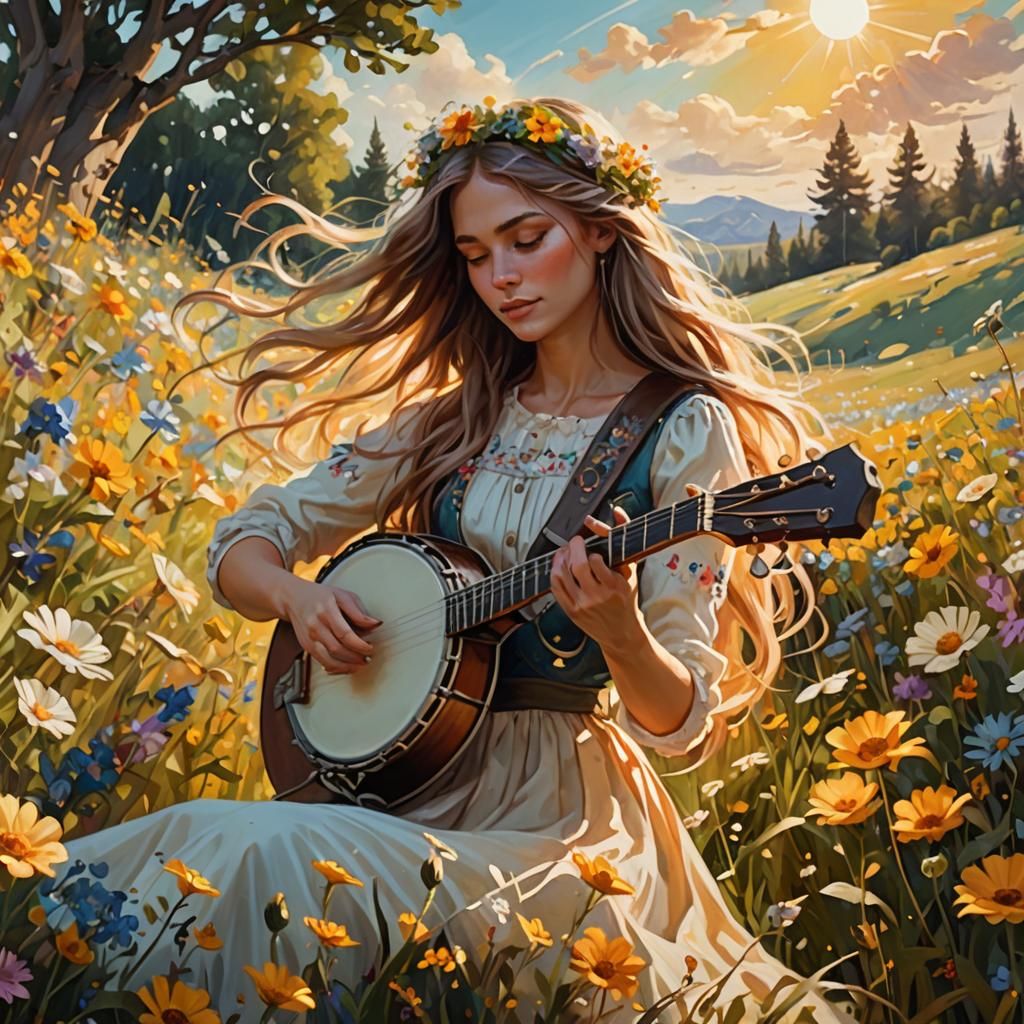 Banjo Girl in Flower Field: Fantasy Art