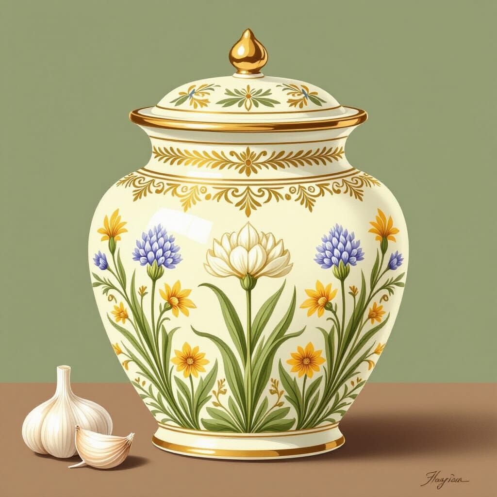 Ornate Porcelain Jar Filled with Garlic Spread