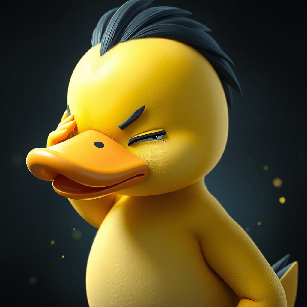 Yellow Duck Pokemon with a Headache, Psyduck Portrait in Tri...