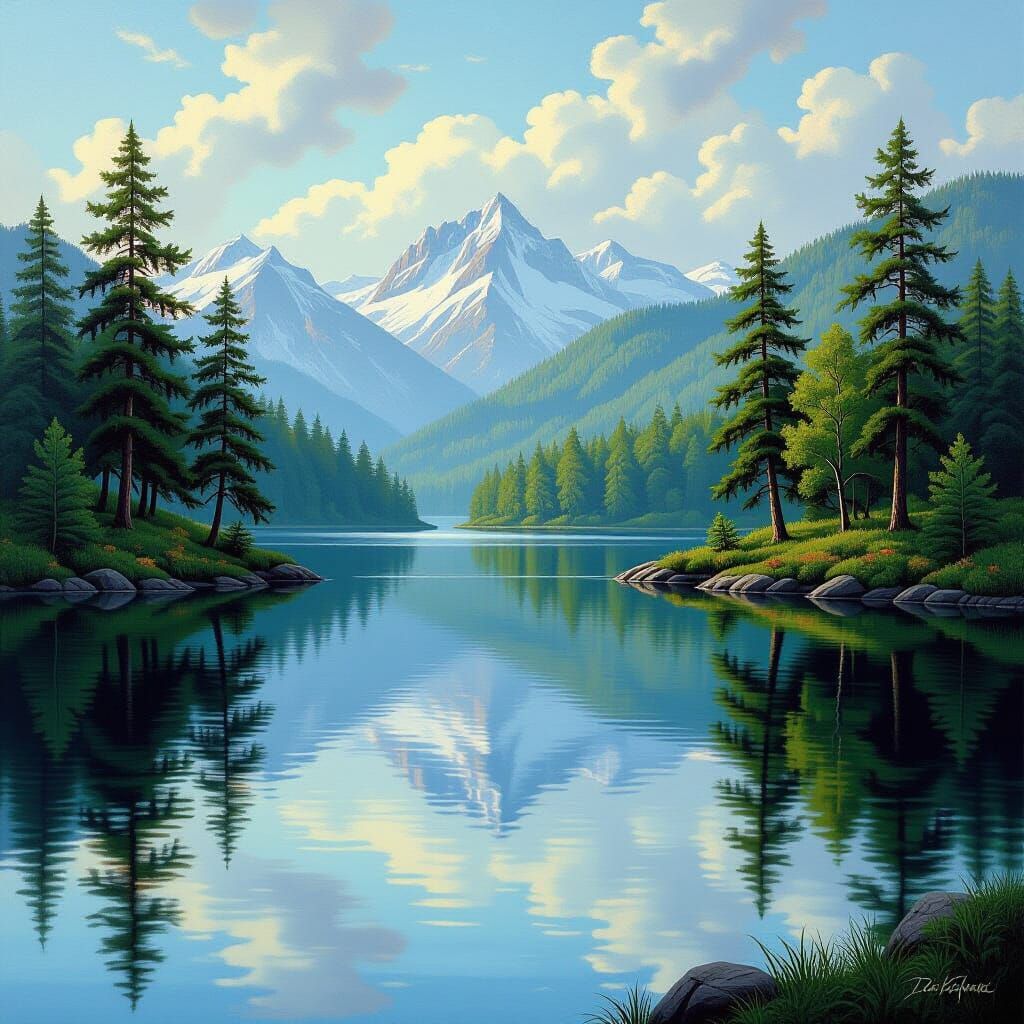 Lush Woodland Scene Reflected in Calm Lake