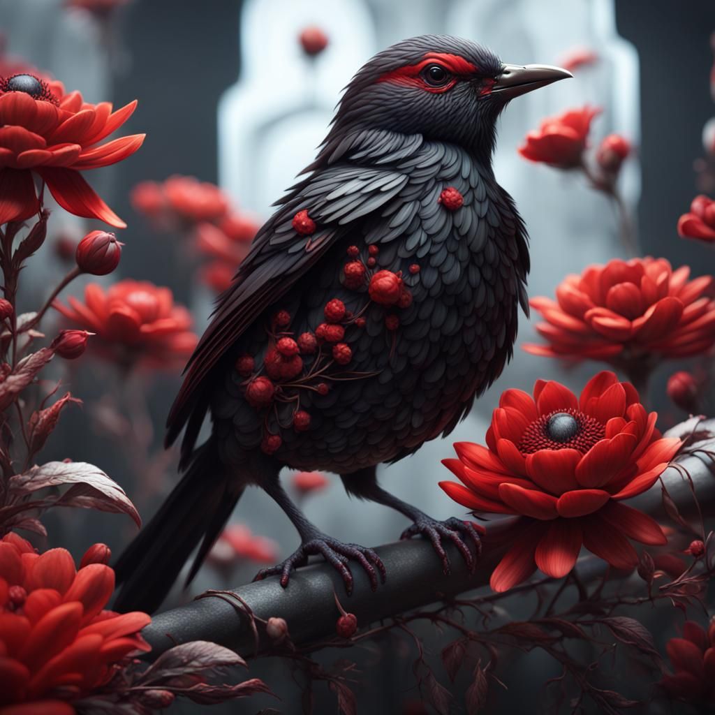 Fantastical Black and Red Bird with Flowers