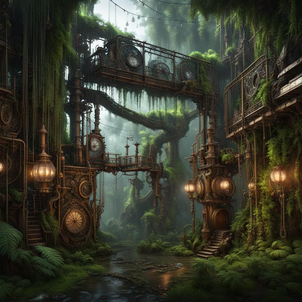 Steampunk Rainforest: Mechanical Trees and Wired Vines