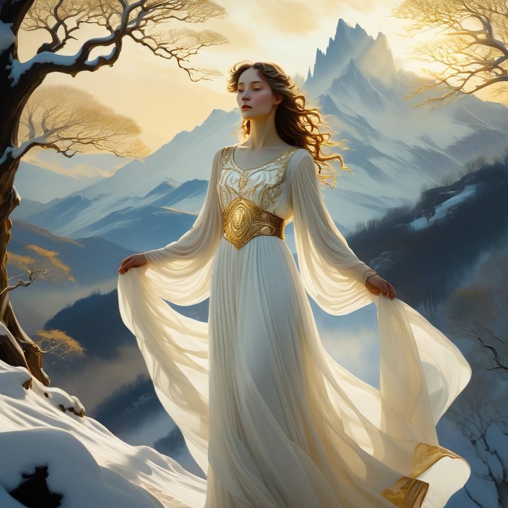 Ethereal Woman in Snowy Landscape, Art Nouveau Style