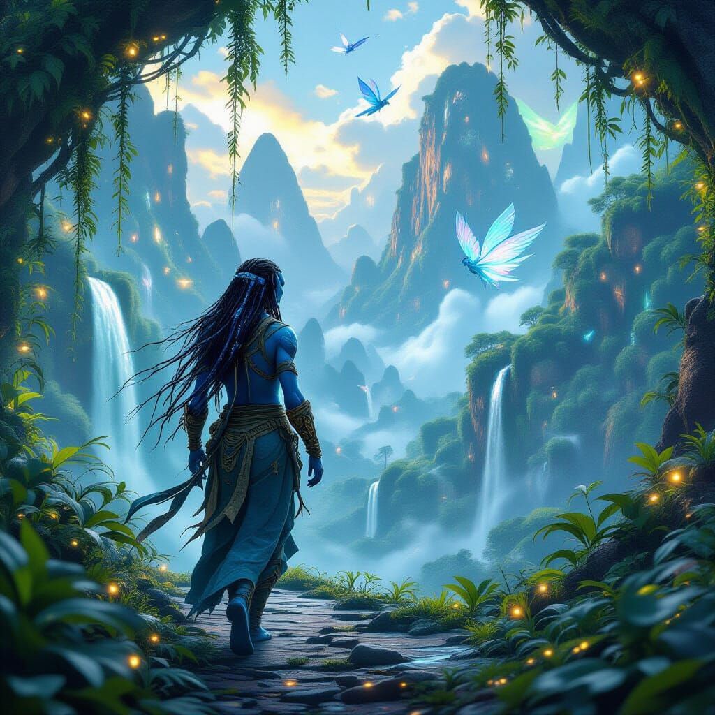 Ethereal Na'vi Walking in Bioluminescent Alien Jungle
