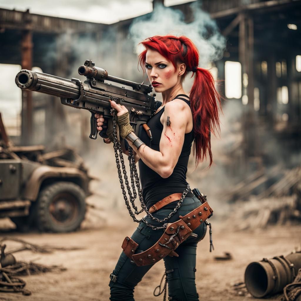 Red-Haired Woman with Chain Gun in Apocalyptic Scene
