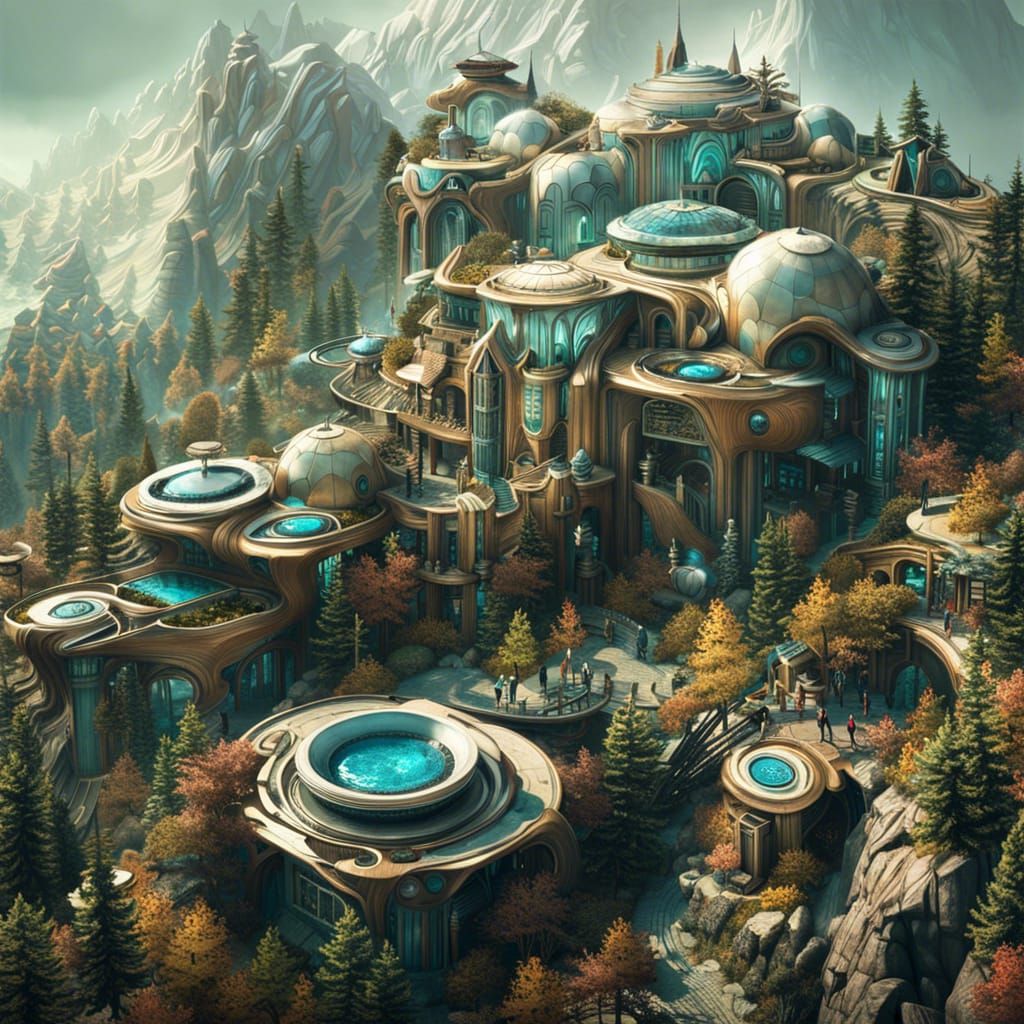 Biopunk Sci-Fi Mountain Village in Hyperrealism Style