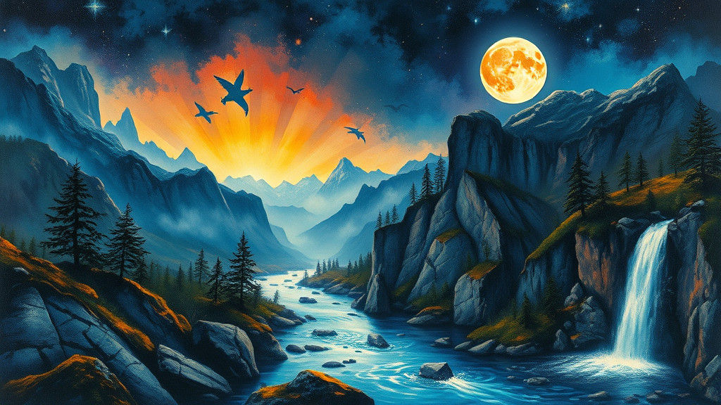 Moonlit River: Surreal Watercolor Impasto Painting