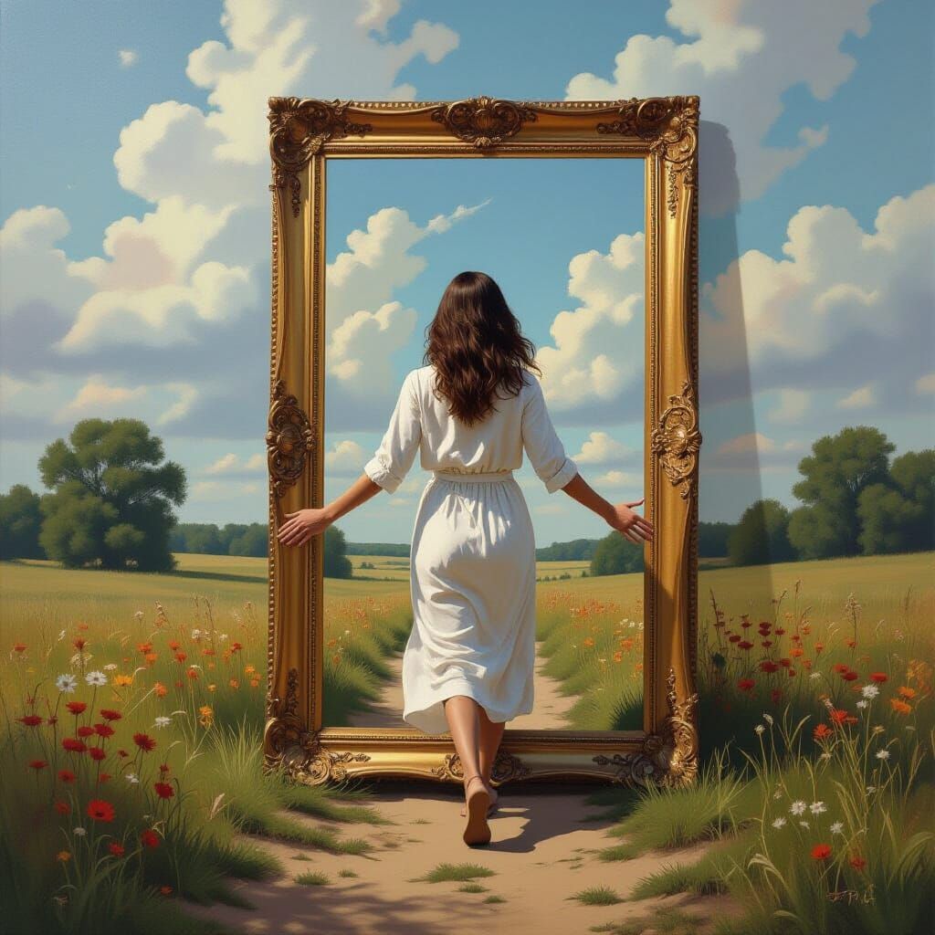 Woman Steps into a Painting: Surreal Art