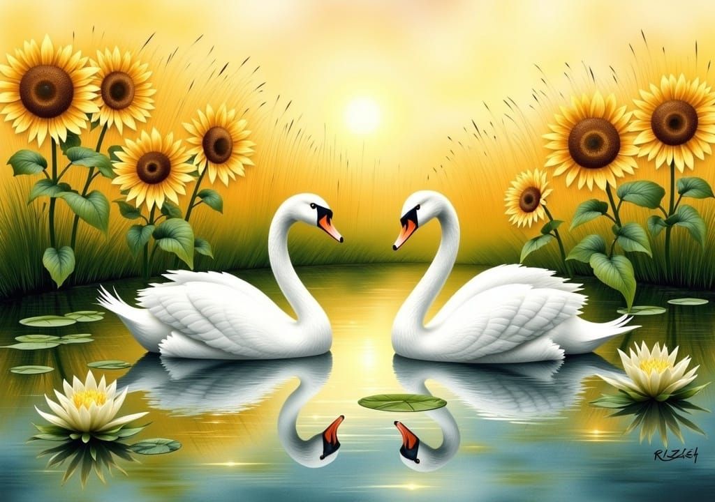 Swans in Pond with Water Lilies and Sunflowers