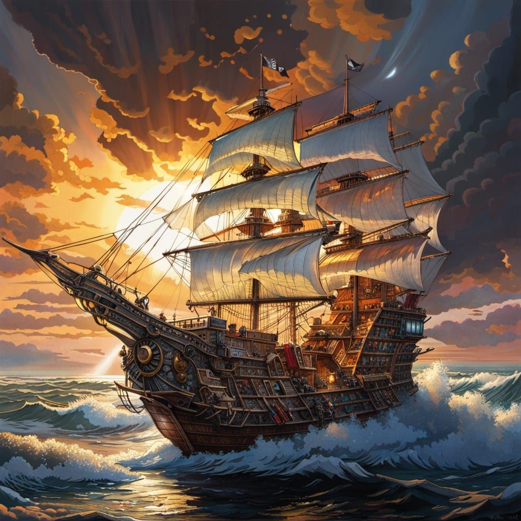 Steampunk Origami Pirate Ship Amidst Stormy Sunset