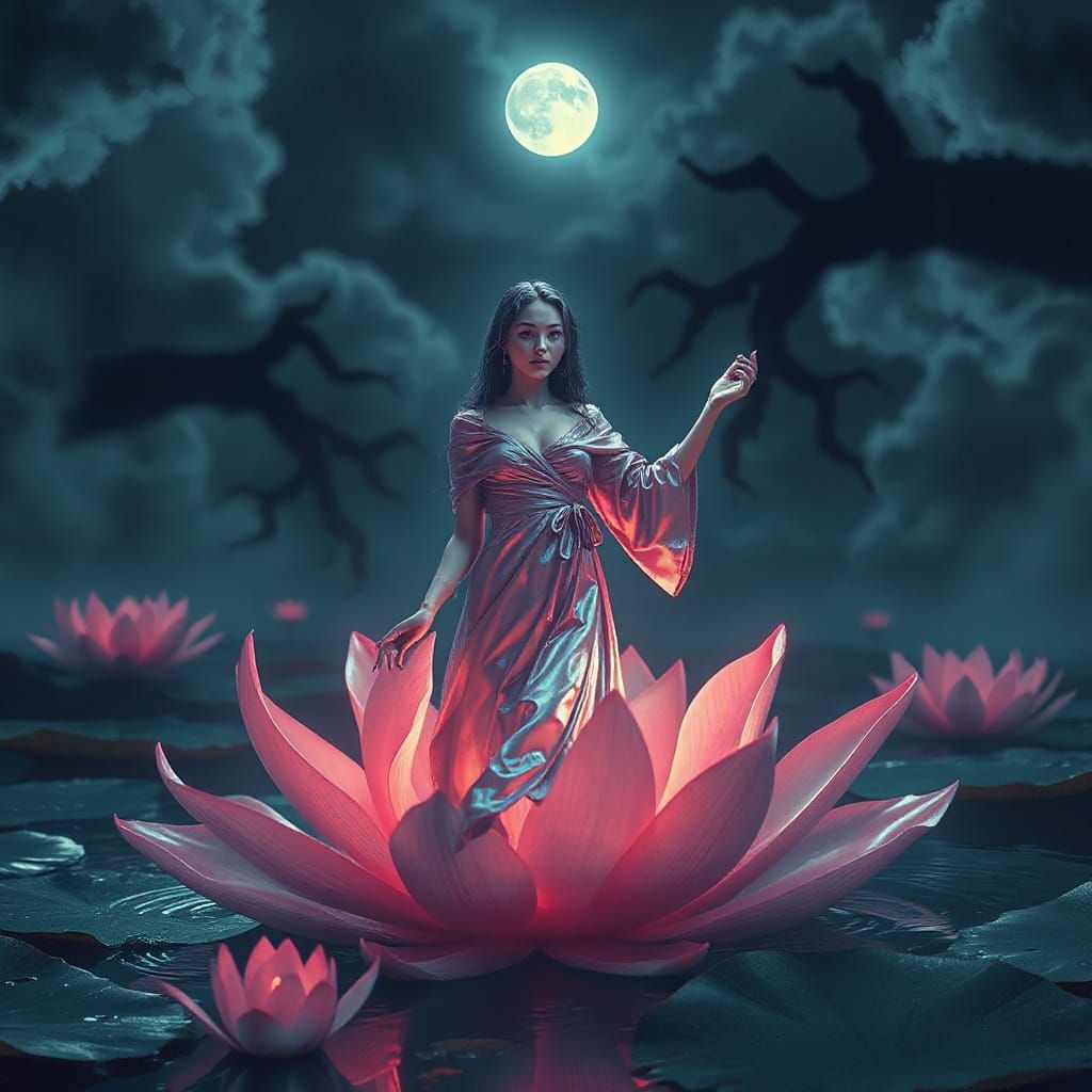 Ethereal Woman in Luminous Flower, Surreal Digital Art