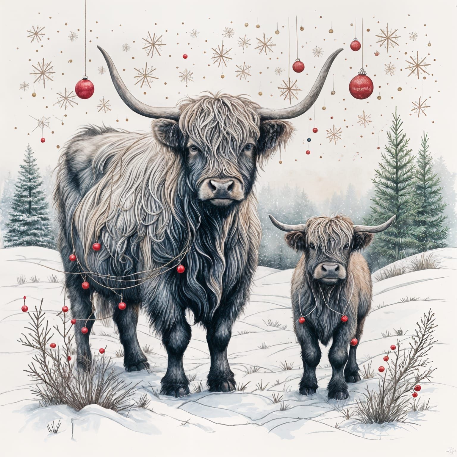 Festive Highland Cows in Snowy Christmas Scene