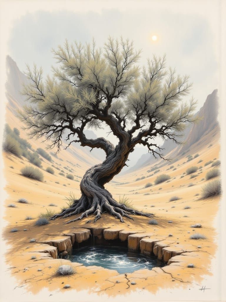 Enduring Olive Tree in Cracked Earth Landscape