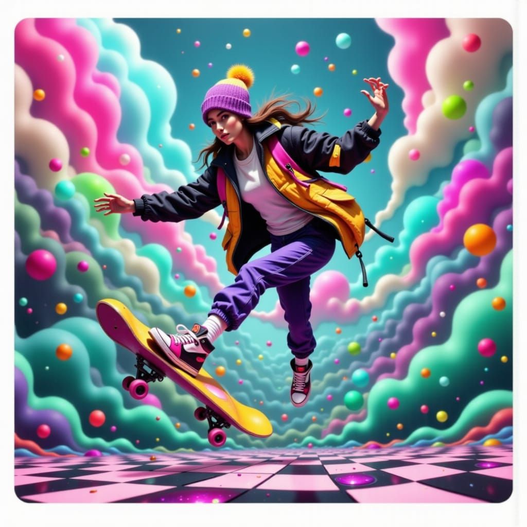 Skater Girl in Neon Checkered Retroscape