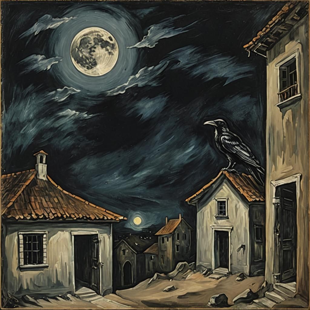 Raven Howling at Moon in Haunted House