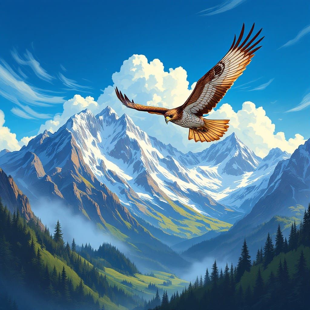 Ethereal Hawk Takes Flight in Majestic Mountain Landscape