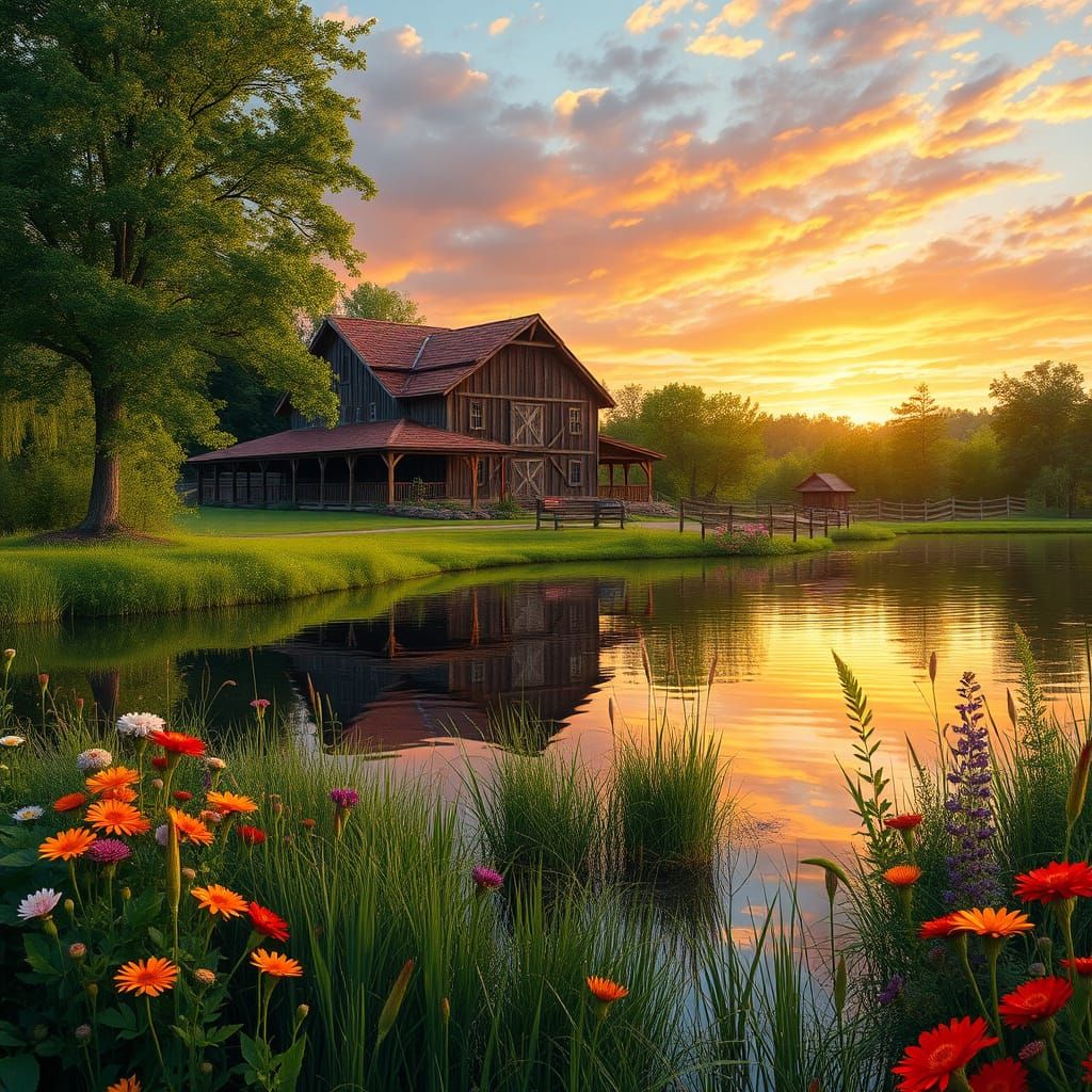 Dreamy Landscape with Serene Lake and Majestic Barn