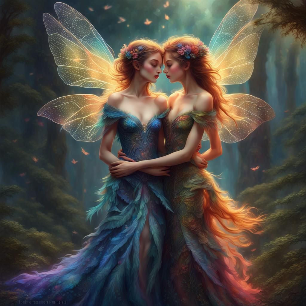 Fairies Embrace in a Fantasy Forest, Digital Art