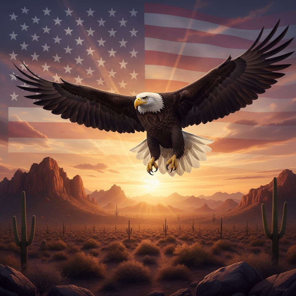 Bald Eagle Flies Over Desert Sunset With American Flag Overl...