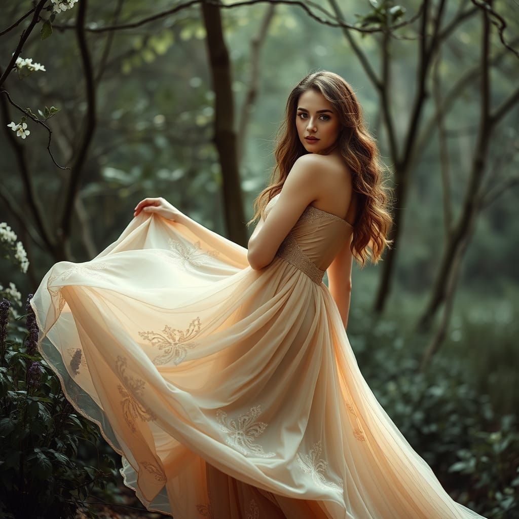 Elegant Woman in Flowing Gown: Art Nouveau Style