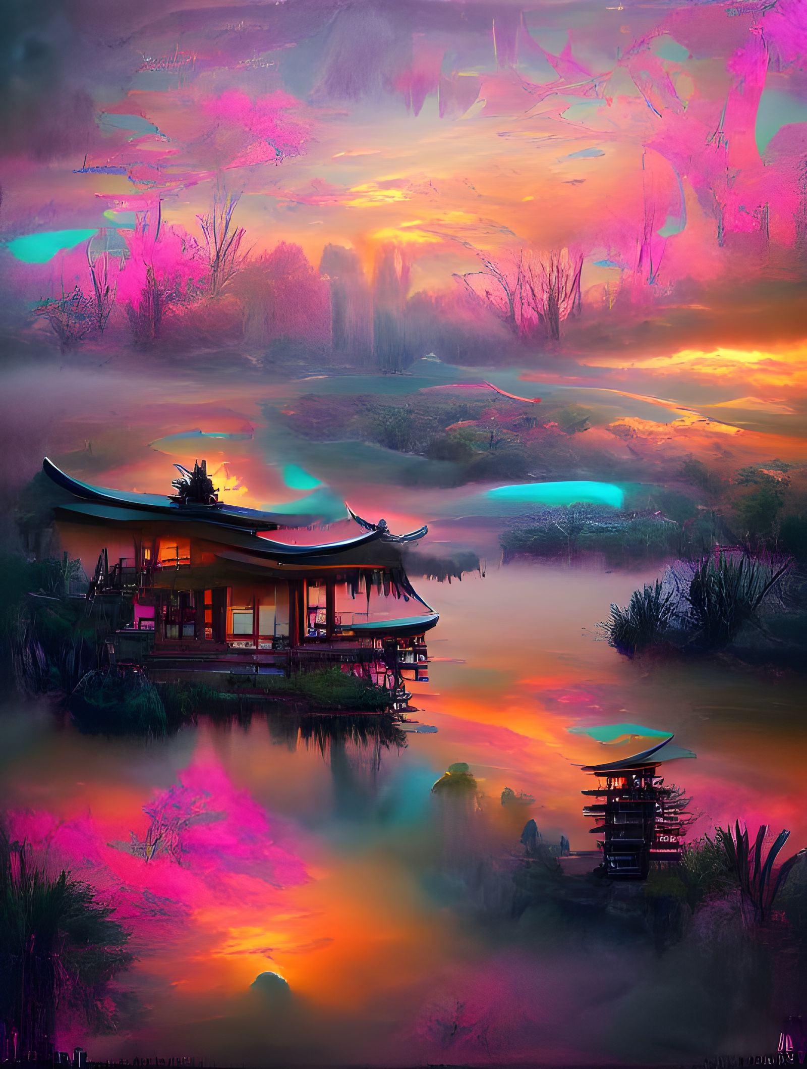 Psychedelic Cyberpunk Tea Garden Sunset