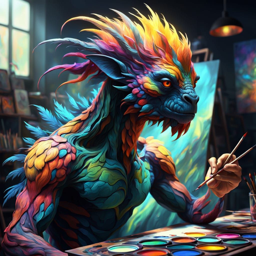 Surreal Digital Painting of a Creative Creature in Studio