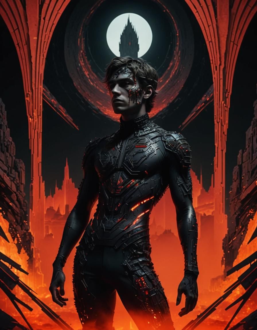 Lava Man in Pixelated Landscape, Digital Matte Painting