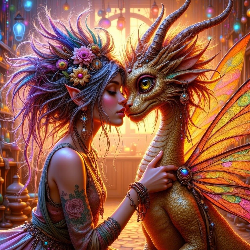 Rainbow Fairy Kisses Golden Dragon in Hyperrealistic Style