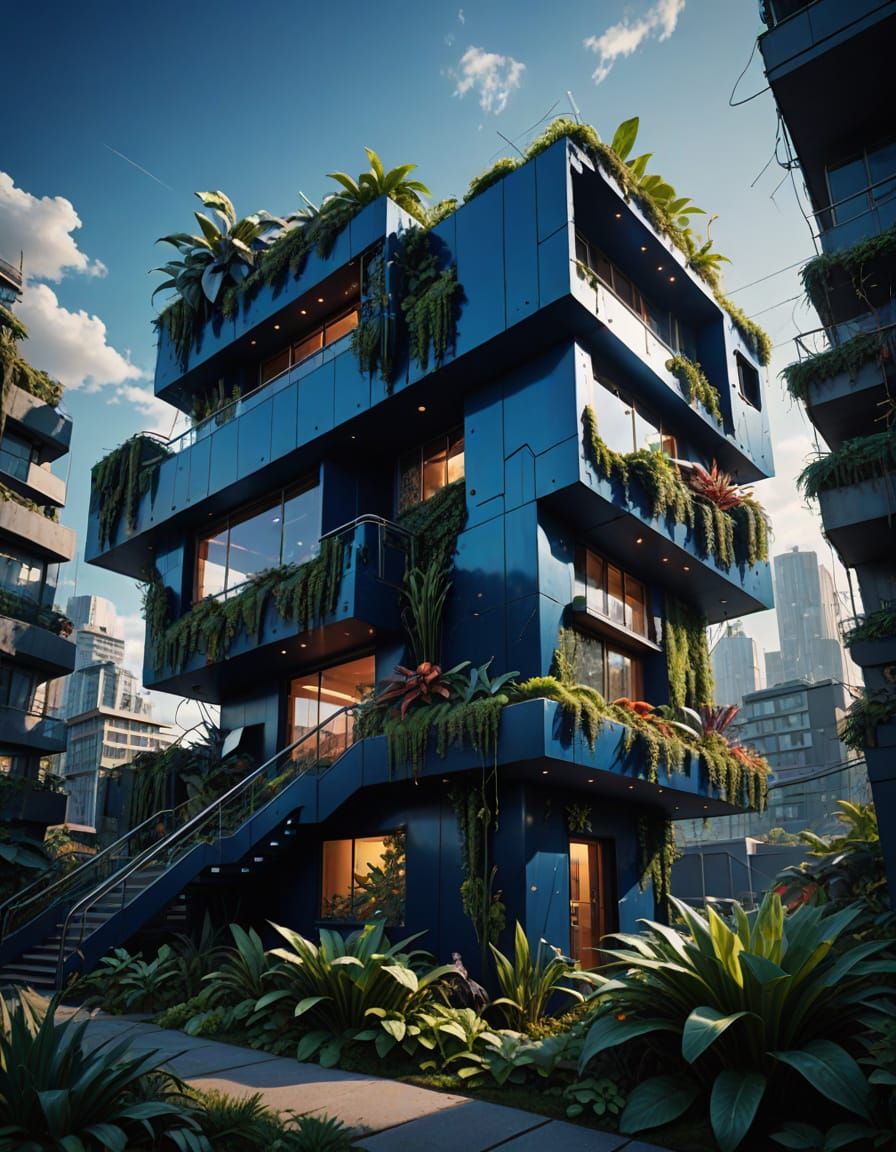 Surreal Organic Architecture House in Dark Blue Steel and Pl...