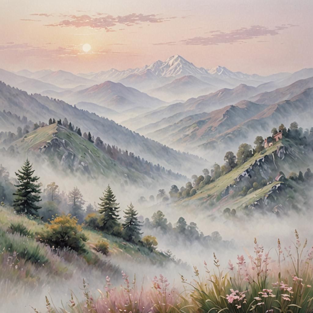 Misty Mountain Range in Soft Impressionism