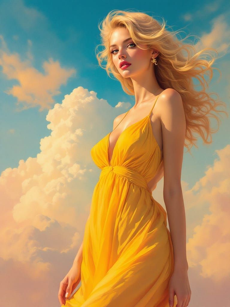 Pin-Up Woman with Pink-Tipped Hair, Optimistic Mid-Century S...