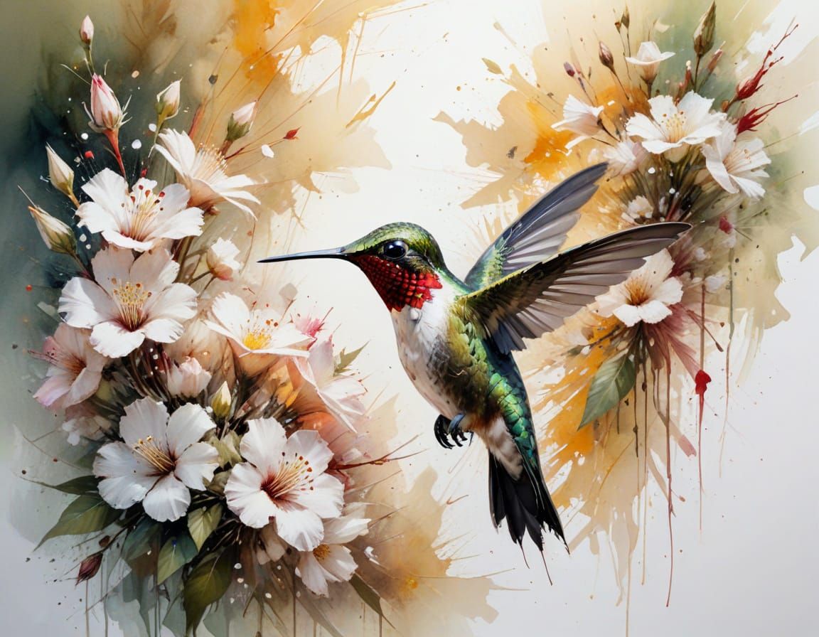 Hummingbird and Blossoms as Neo-Impressionist Oil Painting