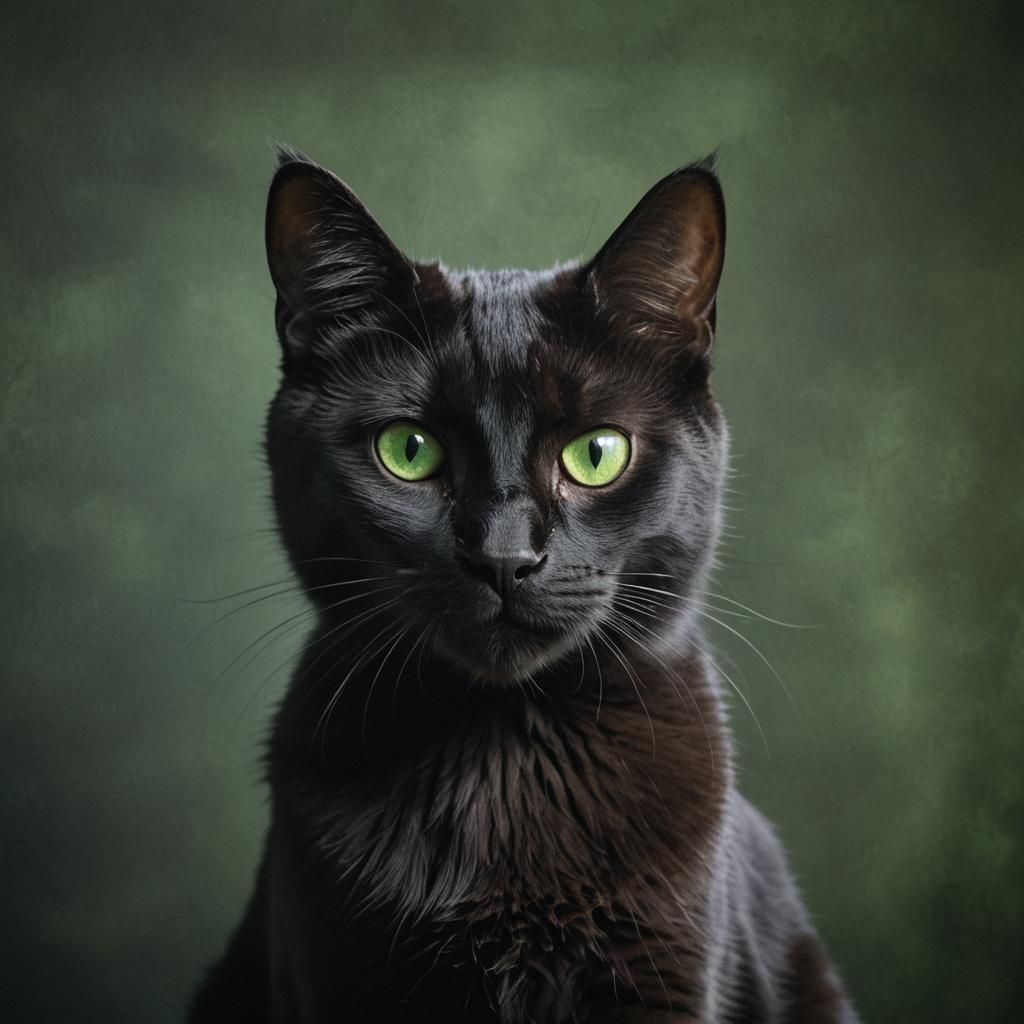 Emerald-Eyed Black Cat Portrait in Moody Fine Art Style