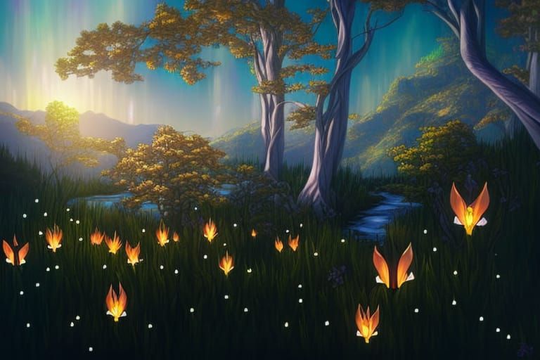 Surreal Magical Fireflies Dance in Lush Fantasy Forest