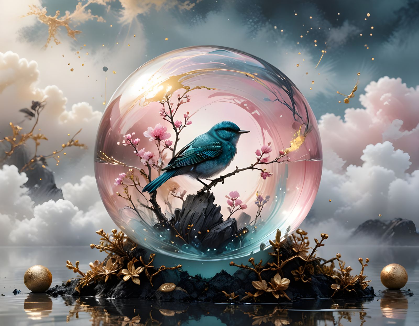 Perfect Bird in Glass Sphere, Golden Spheres and Lines