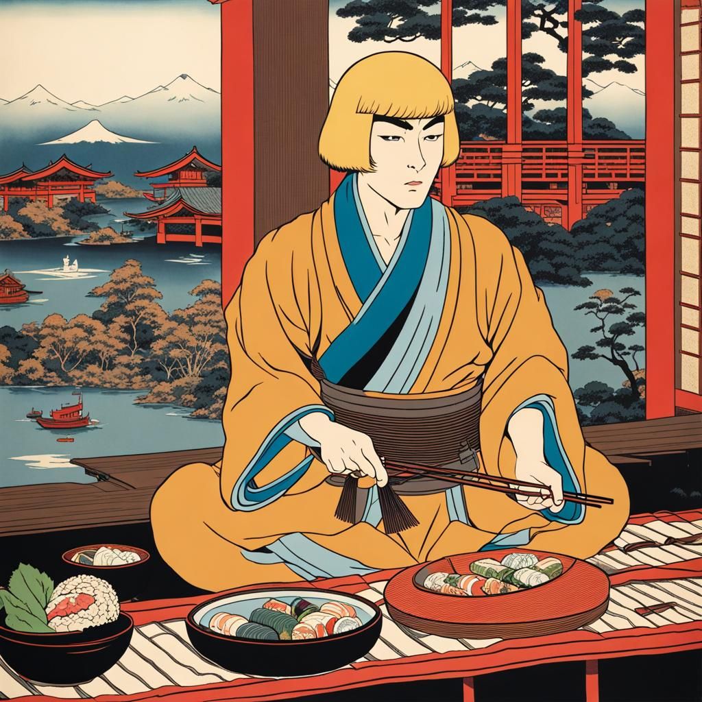 Ukiyo-e Young Man Eating Sushi 231217A