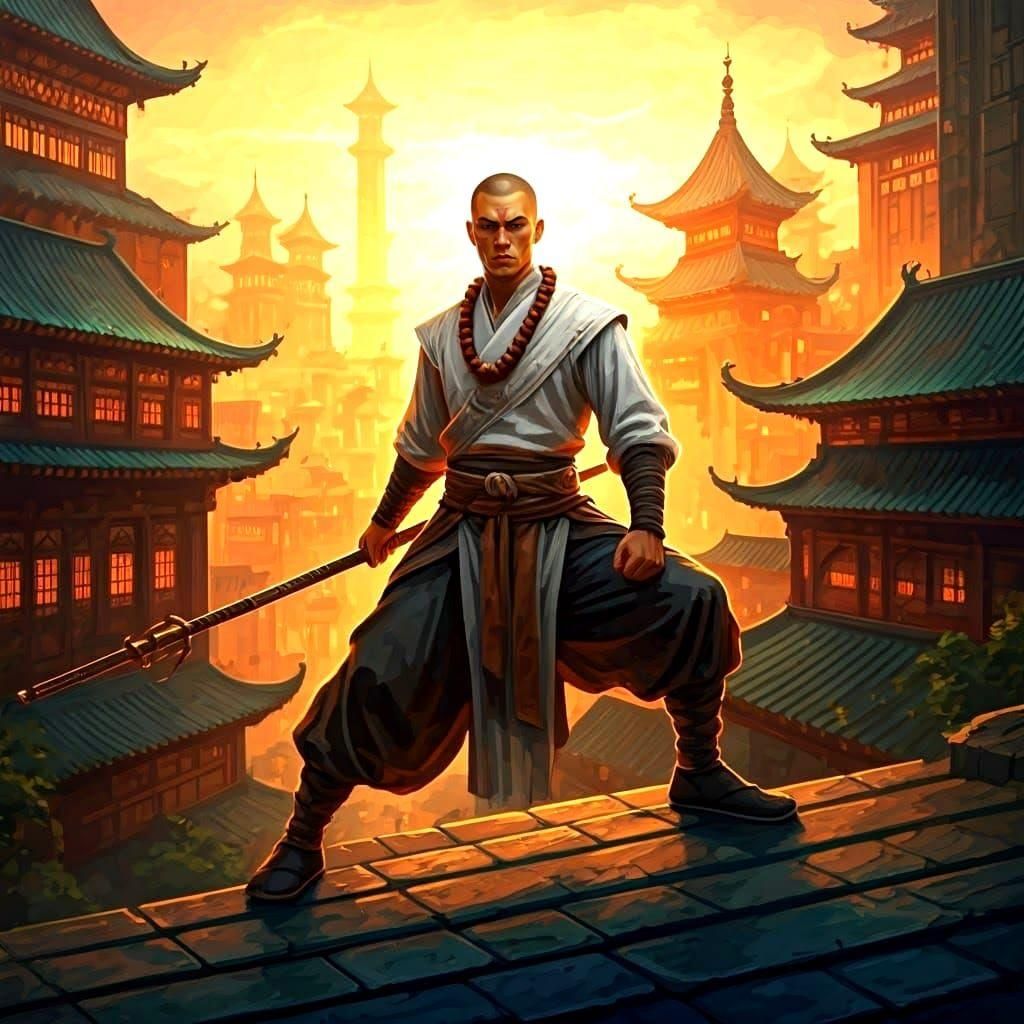 Warrior Monk Overlooking Fantasy City in Abstract Art