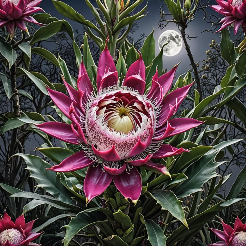 Dragon Fruit Flower Blooms Under Full Moon