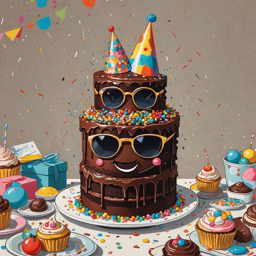 Chocolate Cake with Sunglasses in Cartoon Style